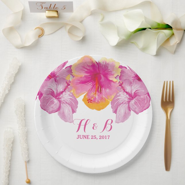 Brushed Hibiscus Floral Wedding Paper Plates (Wedding)