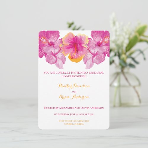 Brushed Hibiscus Floral Wedding Rehearsal Dinner Invitation