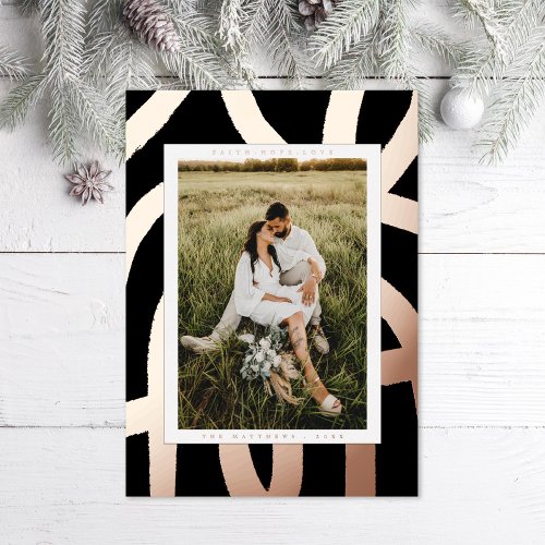 Brushed Ink Abstract Photo Black Rose Gold Foil Holiday Card