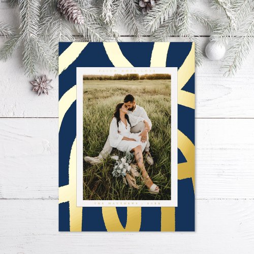 Brushed Ink Abstract Photo Navy Blue Gold Foil Holiday Card