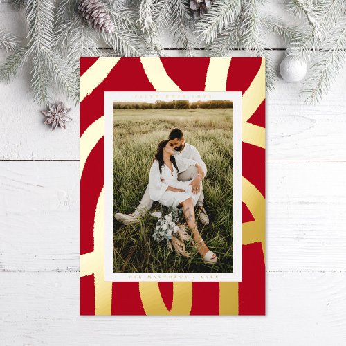 Brushed Ink Abstract Photo Red and Gold Foil Holiday Card