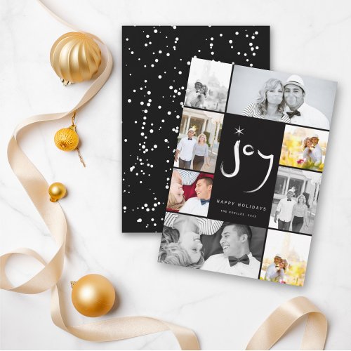 Brushed Joy Calligraphy Star Black 6 Photo Collage Holiday Card