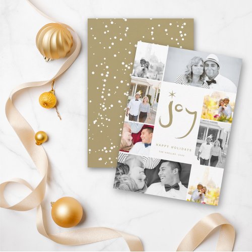 Brushed Joy Calligraphy Star Gold 6 Photo Collage Holiday Card