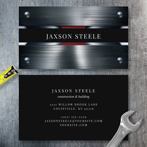 Brushed Metal And Burgundy Rivet Business Card