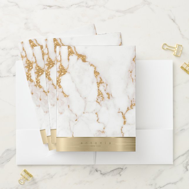 Brushed Metal Band Marble Glitter Gold ID802 Pocket Folder (In Situ)