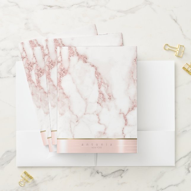 Brushed Metal Band Marble Glitter Rose Gold ID802 Pocket Folder (In Situ)