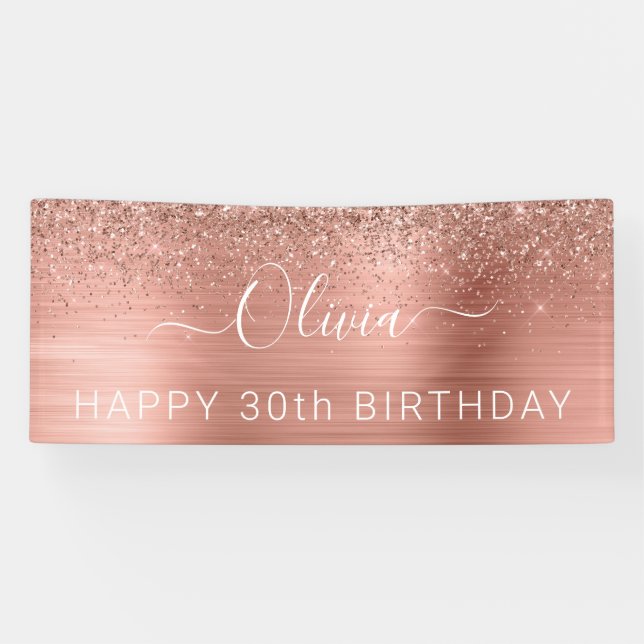 Brushed Metal Birthday Rose Gold Glitter Girly Banner (Horizontal)