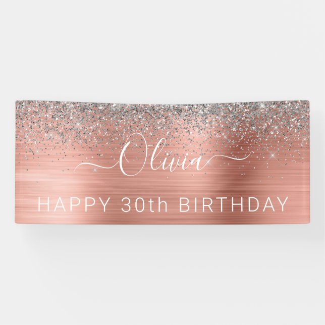 Brushed Metal Birthday Rose Gold Silver Glitter Banner (Horizontal)
