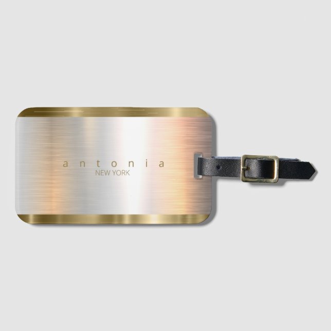 Brushed Metal Gold Banding ID801 Luggage Tag (Front Horizontal)