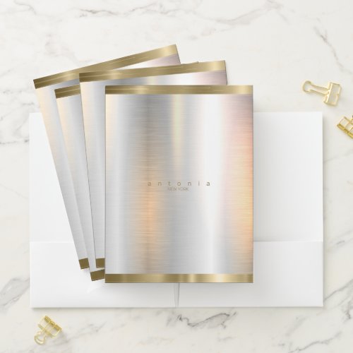 Brushed Metal Gold Banding ID801 Pocket Folder