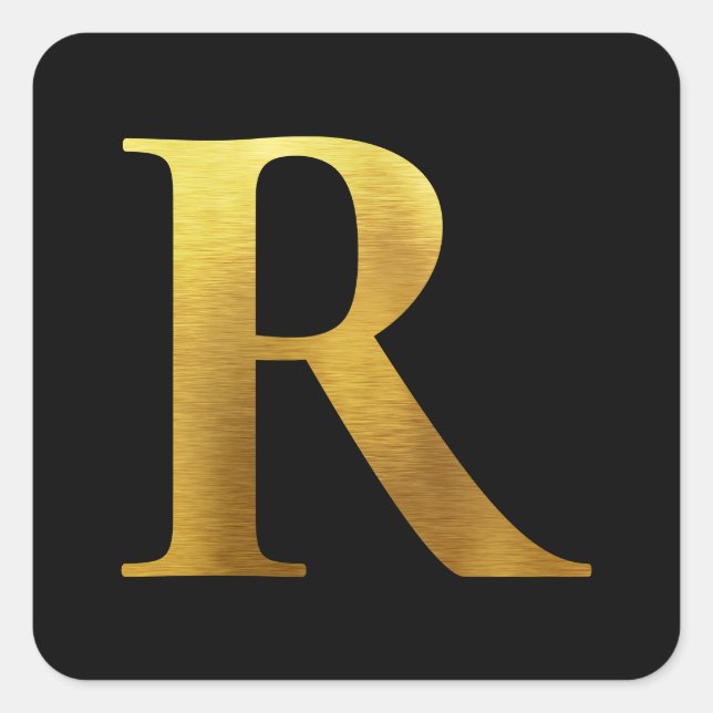Brushed Metal Gold Monogram R Black Square Sticker (Front)