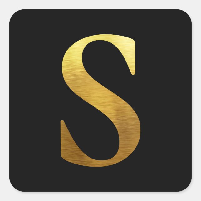 Brushed Metal Gold Monogram S Black Square Sticker (Front)