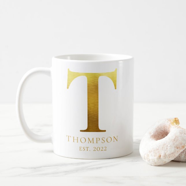 Brushed Metal Gold Monogram T Coffee Mug (With Donut)
