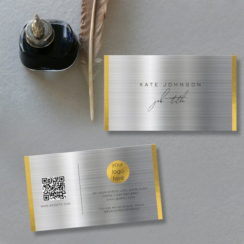  Brushed Metal Gold Signature Script QR Code Business Card