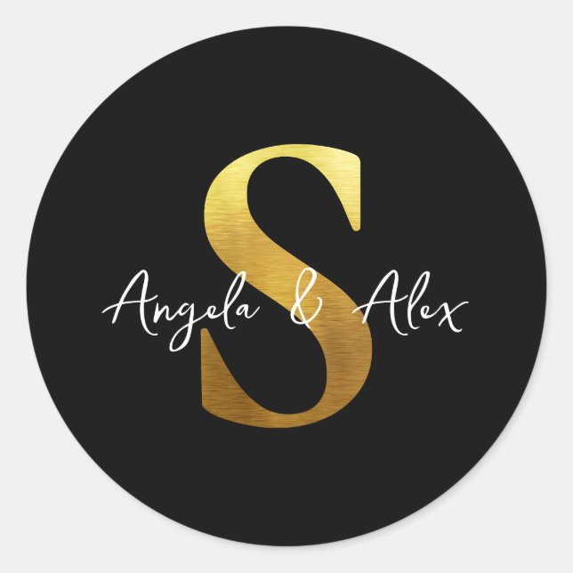 Brushed Metal Gold Wedding Monogram S Black Classic Round Sticker (Front)