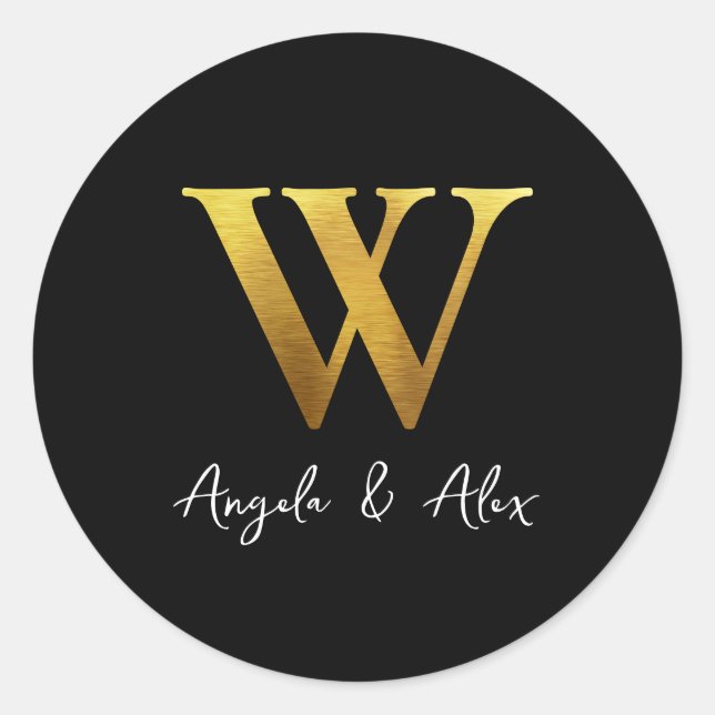 Brushed Metal Gold Wedding Monogram W Black Classic Round Sticker (Front)