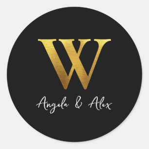 Brushed Metal Gold Wedding Monogram W Black Classic Round Sticker