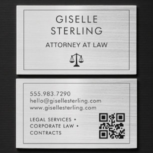 Brushed Metal Lawyer Attorney at Law QR Code  Business Card