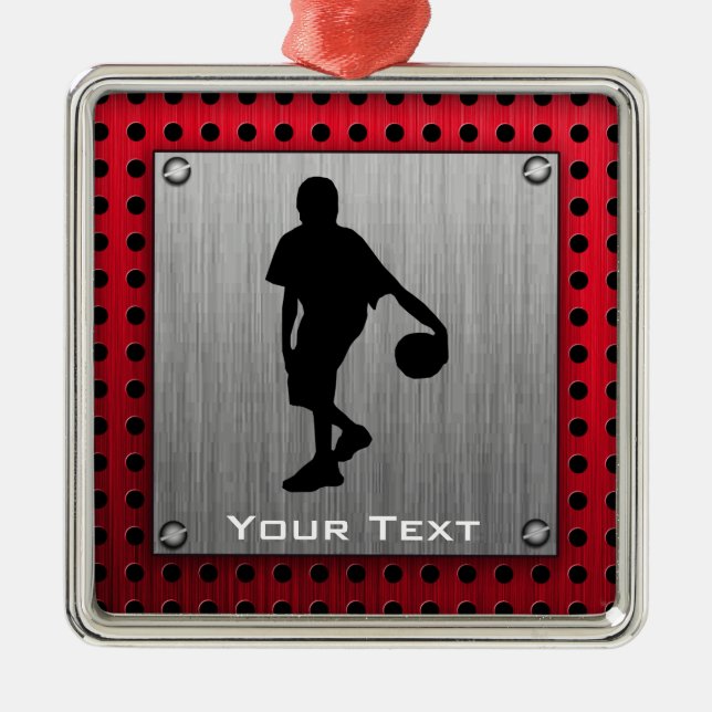 Brushed metal look, Basketball; red Metal Ornament (Front)