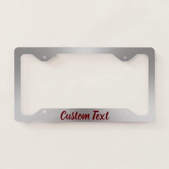 Brushed Metal Look Dark Red Script License Plate Frame (Front)