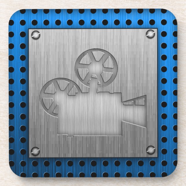 Brushed Metal-look Movie Camera Drink Coaster (Front)
