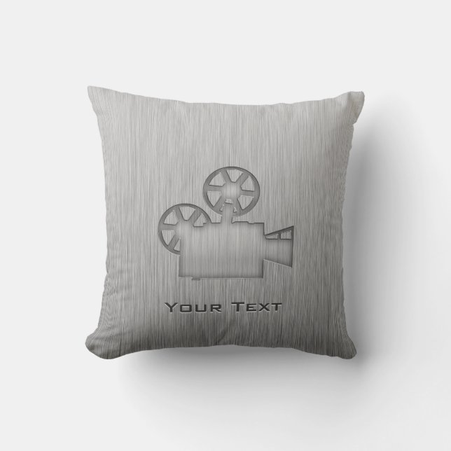 Brushed Metal-look Movie Camera Throw Pillow (Front)