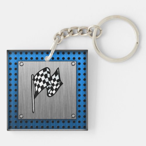 Brushed metal look Racing Flag Keychain