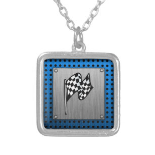 Brushed metal look Racing Flag Silver Plated Necklace