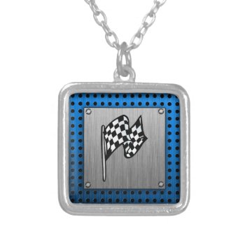 Brushed Metal Look Racing Flag Silver Plated Necklace by SportsWare at Zazzle