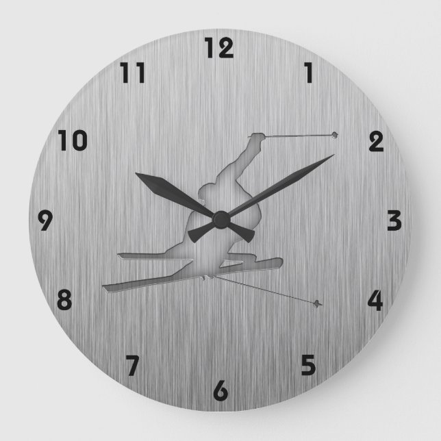 Brushed Metal-look Snow Skiing Large Clock (Front)