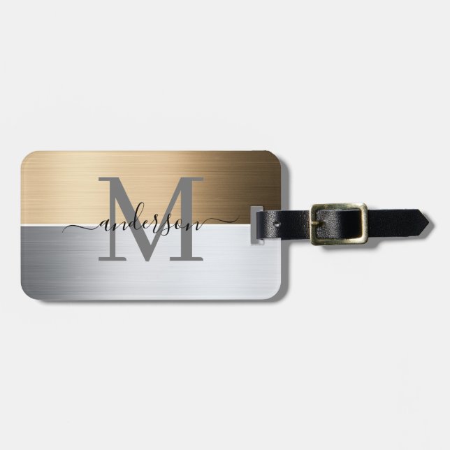 Brushed metal luggage tag in silver gray andcopper (Front Horizontal)