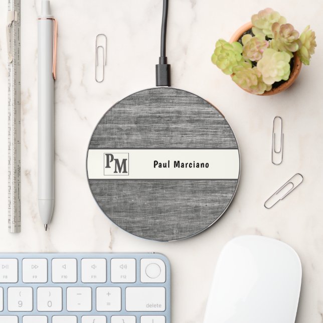Brushed Metal Masculine Name Logo Image Wireless Charger (Desk)