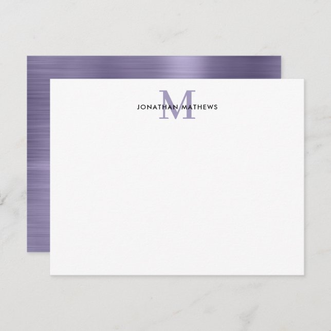 Brushed Metal Midnight Purple Classic Monogram Note Card (Front/Back)