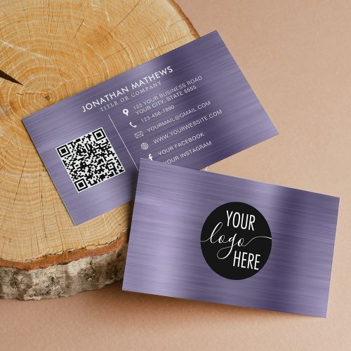 Brushed Metal Midnight Purple Company Logo QR Code Business Card