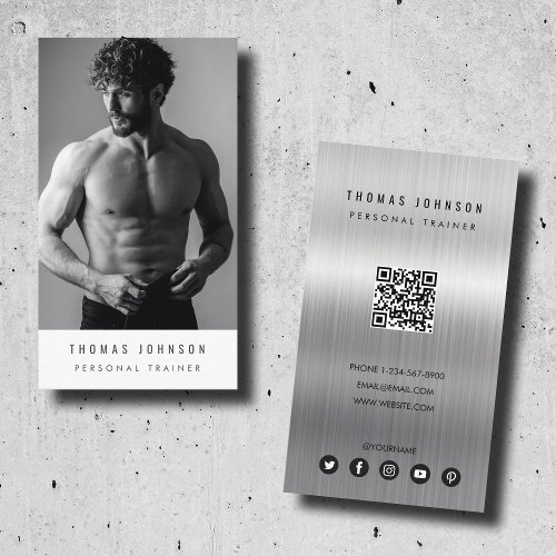 Brushed Metal Personal Trainer Fitness Photo Business Card