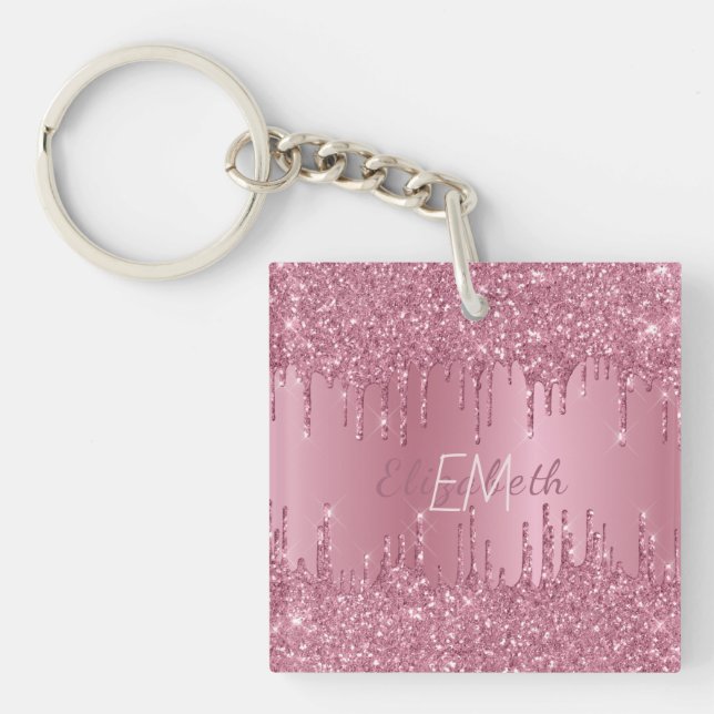 Brushed Metal Pink Glitter Drips Monogram Keychain (Front)