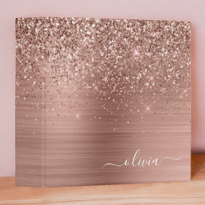 Brushed Metal Rose Gold Pink Glitter Monogram 3 Ring Binder