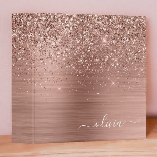 Brushed Metal Rose Gold Pink Glitter Monogram 3 Ring Binder