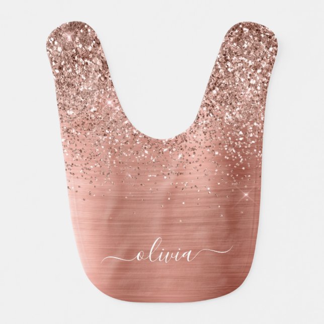 Brushed Metal Rose Gold Pink Glitter Monogram Baby Bib (Front)