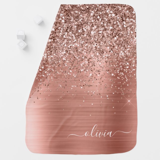 Brushed Metal Rose Gold Pink Glitter Monogram Baby Blanket (In Situ)