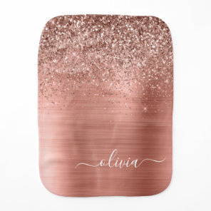 Brushed Metal Rose Gold Pink Glitter Monogram Baby Burp Cloth