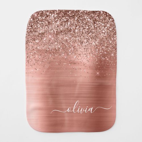 Brushed Metal Rose Gold Pink Glitter Monogram Baby Burp Cloth