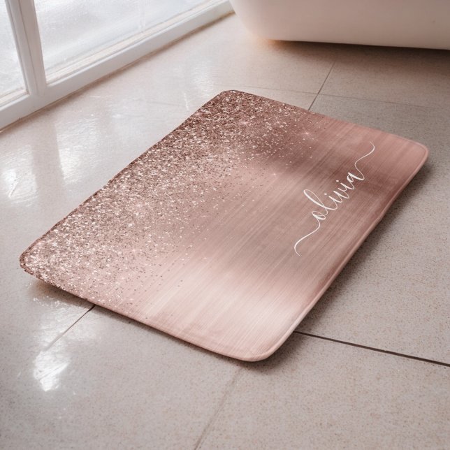 Brushed Metal Rose Gold Pink Glitter Monogram Bath Mat (Creator Uploaded)