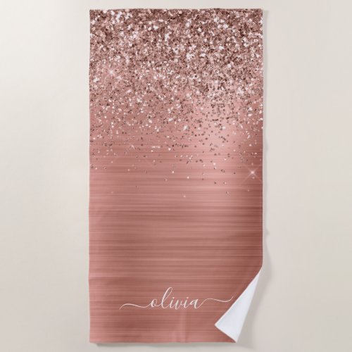 Brushed Metal Rose Gold Pink Glitter Monogram Beach Towel