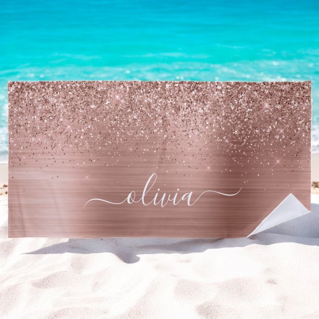Brushed Metal Rose Gold Pink Glitter Monogram Beach Towel (Creator Uploaded)
