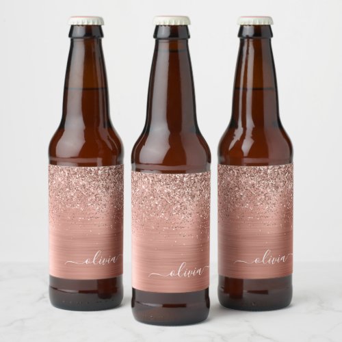 Brushed Metal Rose Gold Pink Glitter Monogram Beer Bottle Label