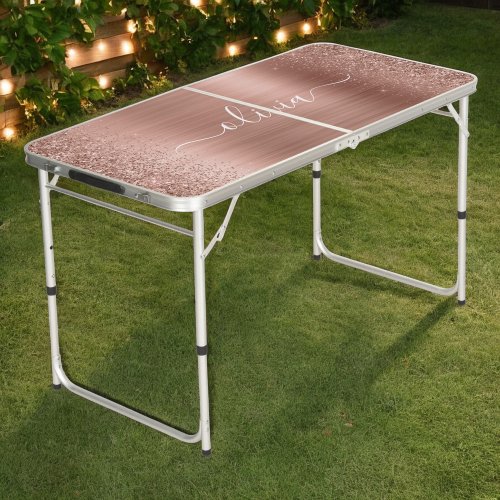 Brushed Metal Rose Gold Pink Glitter Monogram Beer Pong Table