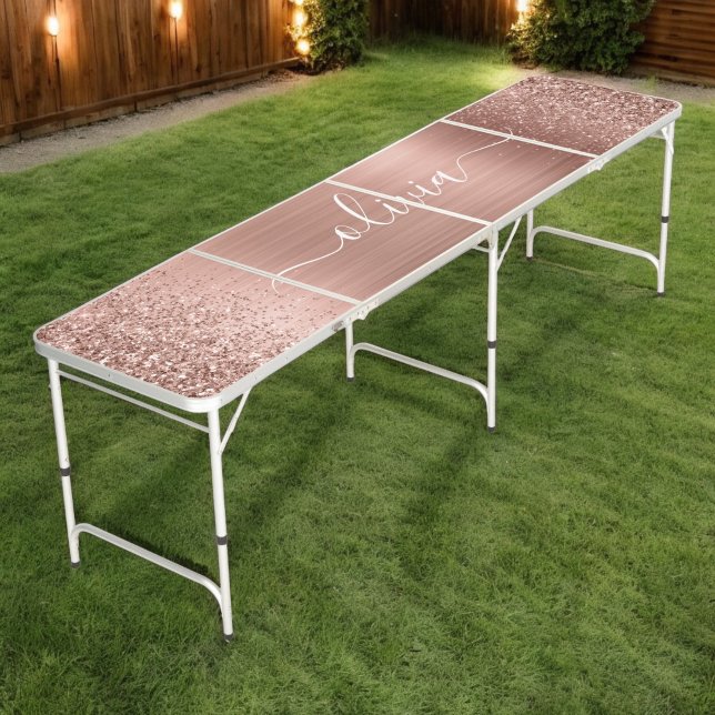 Brushed Metal Rose Gold Pink Glitter Monogram Beer Pong Table (Creator Uploaded)