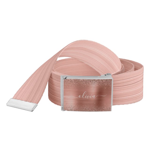 Brushed Metal Rose Gold Pink Glitter Monogram Belt (Snake)