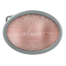 Brushed Metal Rose Gold Pink Glitter Monogram Belt Buckle